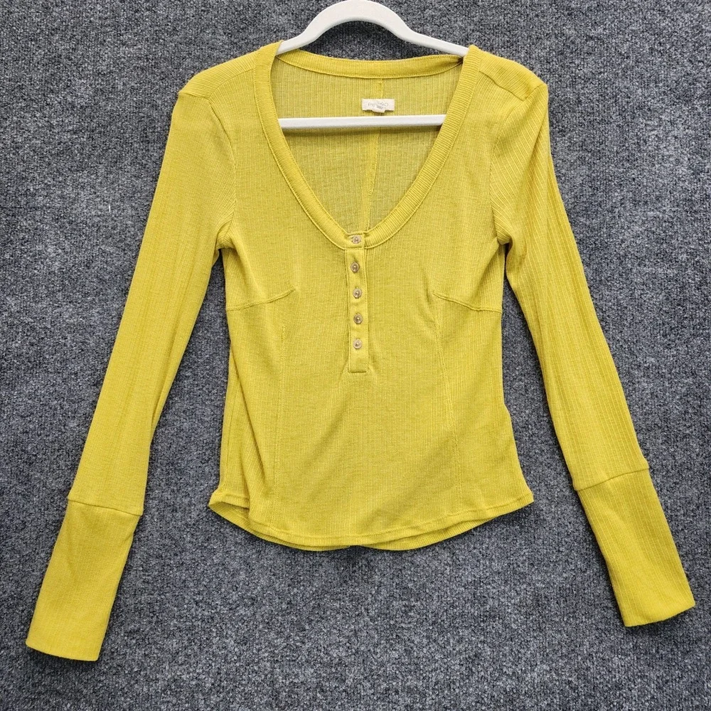 Pilcro Women's Ribbed Henley‎ Gorpcore Long Sleeve Knit Layering Top Size S